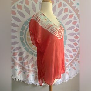 Sheer 100% Silk Tie Dye Trippy Blouse Coral Cyan